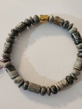 Hand Crafted Gemstone Bracelet Stretch Men's Gray with Gold Accent Bead